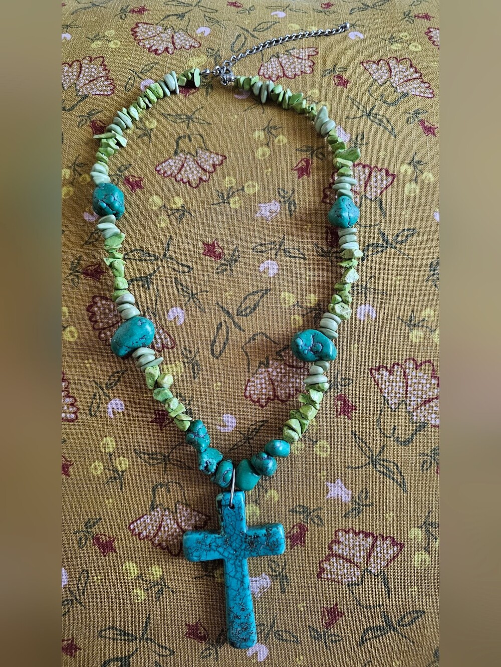 Turquoise Cross Necklace with Green Chip Beads